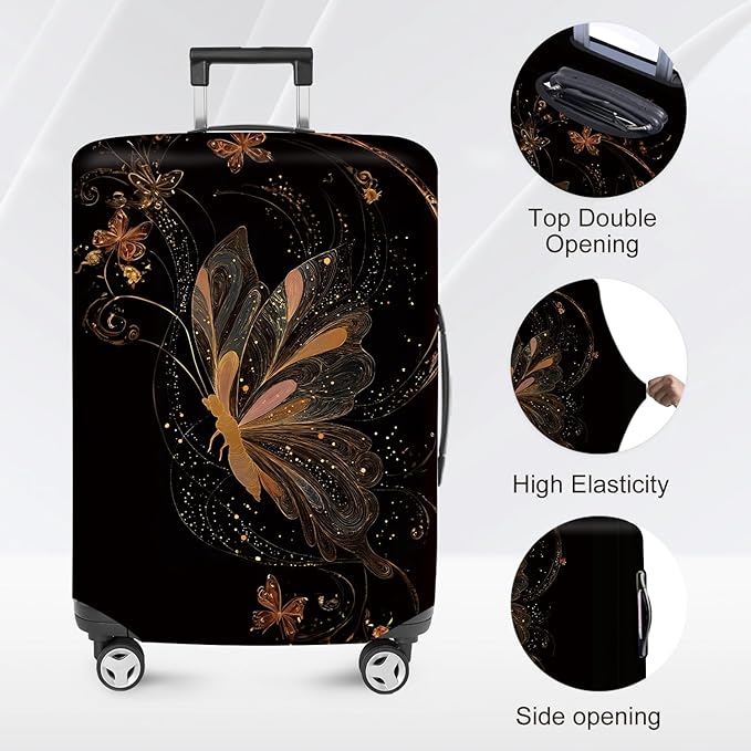 ANNA QUEEN Gold Butterfly Travel Luggage Cover -Stretchable Airplane Suitcase Protector Sleeve,Universal Washable Fit for 28-30 Inch Checked Baggage,Water Resistant Durable Luggage Protector