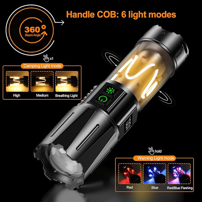 Super Bright Flashlight High Lumens 100000 Rechargeable, Powerful 50W LED, Long Lasting 30H, Daul Bottons 10Modes with Side Light, Quick USB C Charge & Output, Multi-functional for Home Camping Hiking