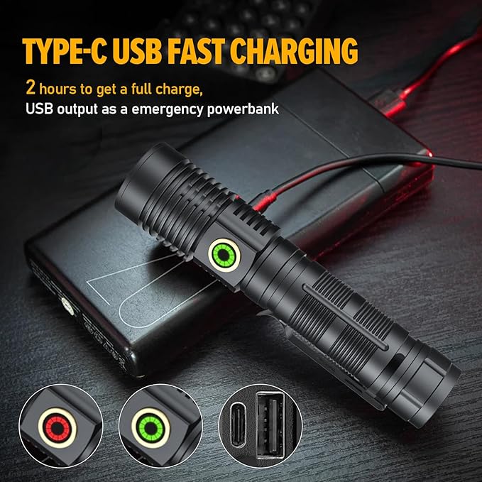 Hoxida Rechargeable Magnetic Flashlight High Lumens - 1500 Meters Long Beam Super Bright LED Tactical Flashlight with Holster USB Zoomable 5Modes Small Long Beam Spotlight Flashlight for Camping