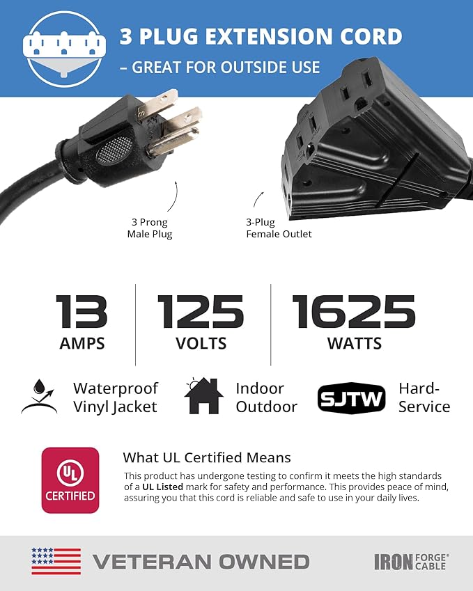 Iron Forge Cable 3 Outlet Outdoor Extension Cord 10 ft, 16/3 SJTW Black Extension Cord with Multiple Outlets 3 Prong, Weatherproof 13 Amp Exterior Power Cable for Outdoor Lights, Lawn & Landscaping