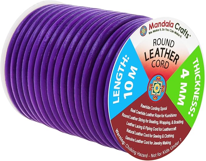 Mandala Crafts Round Genuine Purple Leather Cord for Jewelry Making – 4mm Cowhide Leather Rope String Lace for Kumihimo – 11 Yards Cowhide Craft Cording Spool
