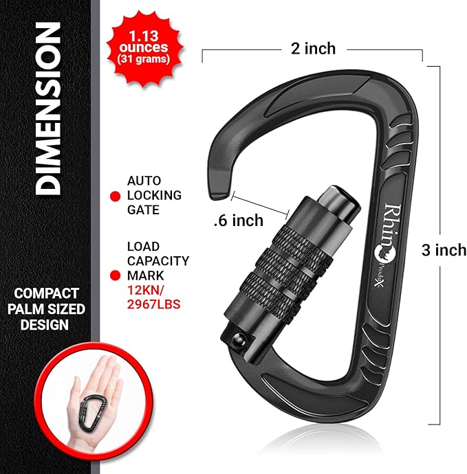 Rhino Produxs 12kN (2697 lbs) Heavy Duty Carabiner Clips, for Securing Pets, Outdoor, Camping, Hiking, Hammock, Dog Leash Harness, Keychains