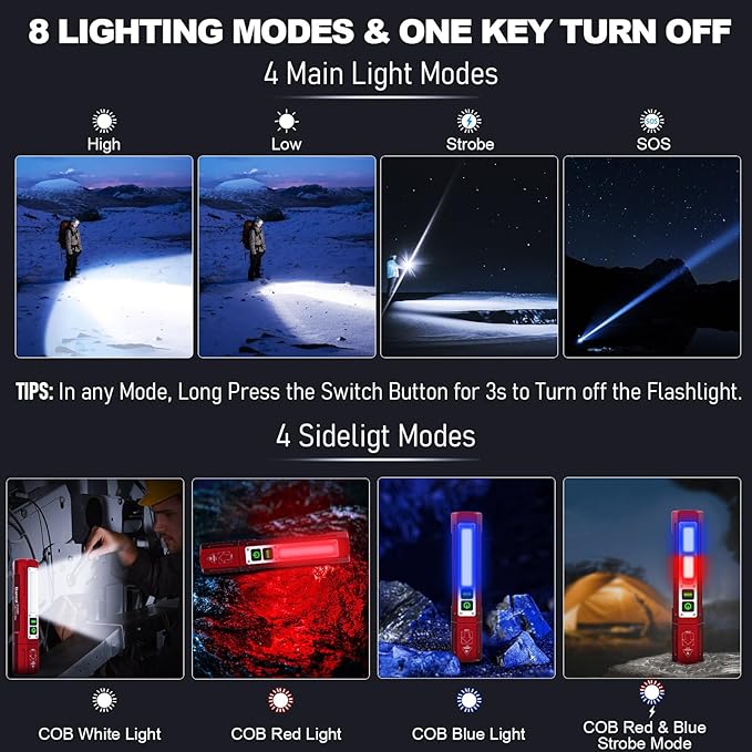 Banral Rechargeable Flashlights High Lumens - Super Bright Small Pocket Magnetic Flashlight, 8 Modes LED Tactical Flash Light, Dual Button Powerful Flashlight for Camping (2, Red)