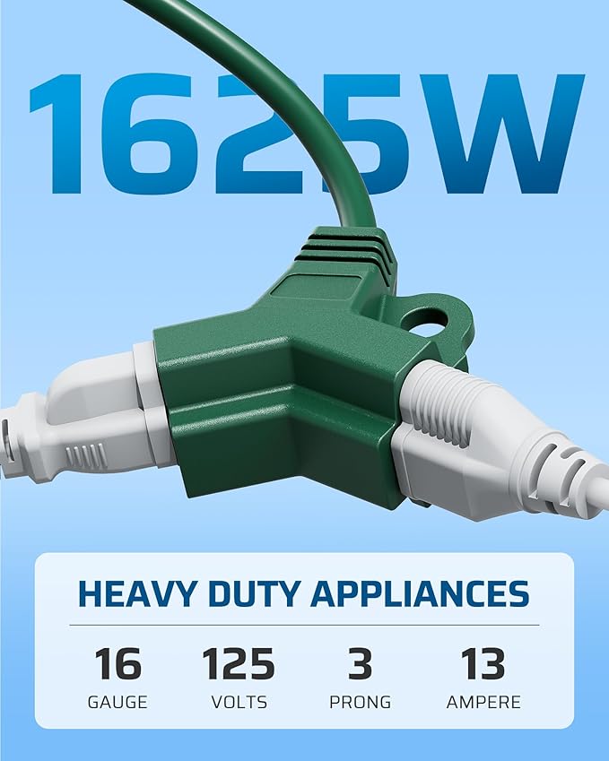 DEWENWILS Outdoor Extension Cord 1 to 3 Splitter, 19FT Total Length, 4 Grounded Outlets, Waterproof 16AWG SJTW Power Cord for Light, Holiday Decoration, 13A/125/1625W, Green, ETL Listed