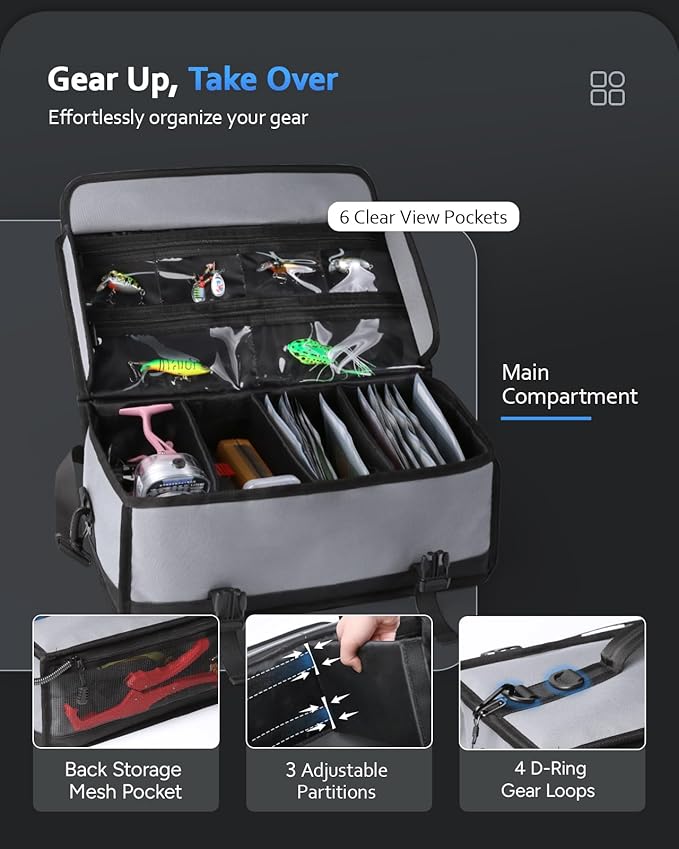 Large Fishing Tackle Bag for Soft Plastic Baits Storage, 20PCS Soft Bait Clear Storage Bag, Fishing Gear Organizer for Weights, Reels & Hooks, 900D Waterproof Oxford Fabric