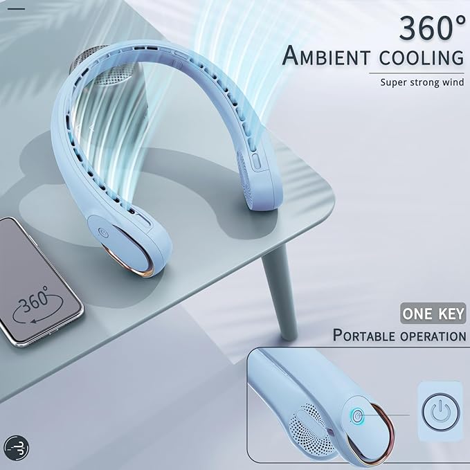 ASNUG Neck Fan, Bladeless Neck Fan, USB Rechargeable Personal Fan, 4000 mAh Battery Operated Wearable Fan, 3 Speeds Adjustable,Faster Cooling, Ultra Quiet, Suitable for Home, Office, Travel, Sports