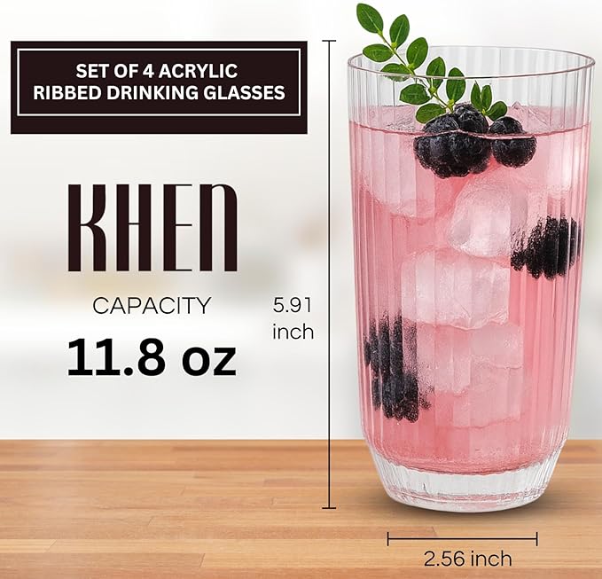 Khen Plastic Acrylic Ribbed Drinking Glasses – Set of 4 Clear 11.8oz Tritan Tumblers, European Style Shatterproof Drinkware – Durable, BPA-Free, Dishwasher Safe, Stackable & Unbreakable Plastic Cups