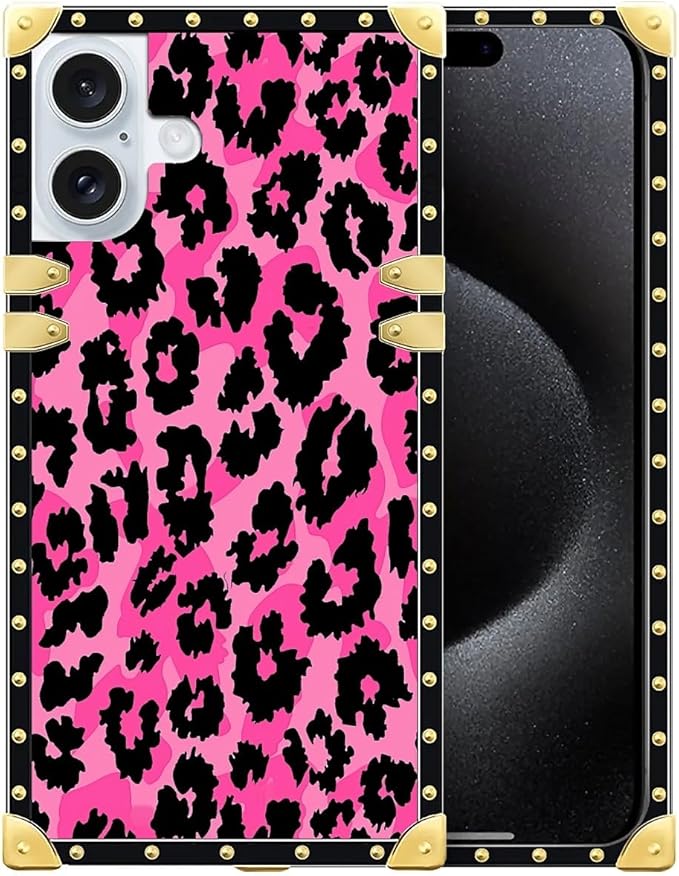 Compatible with iPhone 16 Case, Pink Black Leopard Luxury Golden Decoration for Girl Women Soft TPU Shockproof Protective Hard PC Back