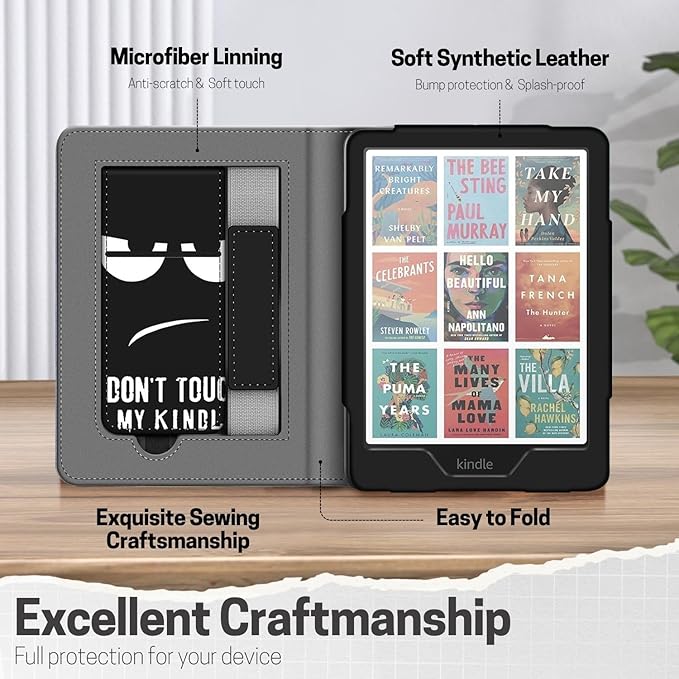 TNP Stand Case with Strap for Kindle Paperwhite 12th Gen 2024 / Kindle Colorsoft Signature Edition - 7" PU Leather Protective Folio Cover with Auto Wake/Sleep & Card Slot, Don't Touch