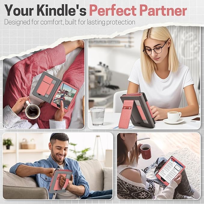 TNP Stand Case with Strap for Kindle Paperwhite 12th Gen 2024 / Kindle Colorsoft Signature Edition - 7" PU Leather Protective Folio Cover with Auto Wake/Sleep & Card Slot, Pink
