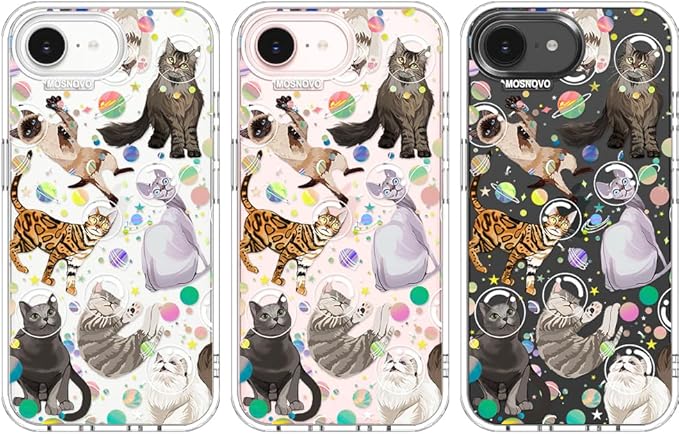 MOSNOVO for iPhone 17e Case/iPhone 16e Case, Shockproof Military-Grade Protection 6.6ft Drop Tested, Clear Phone Case for iPhone 16e / iPhone 17e, Space Cat Design