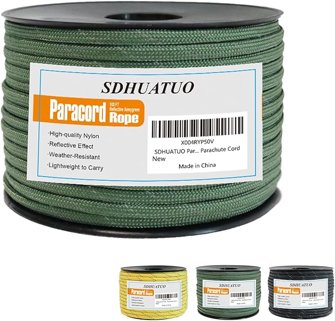 SDHUATUO Paracord Rope 100FT, 550lb Type III Nylon Parachute Cord 7-Strand Core with Reflective Strips, Utility String for Survival, Camping Gear, Hiking, DIY, Crafting, Outdoor, ArmyGreen