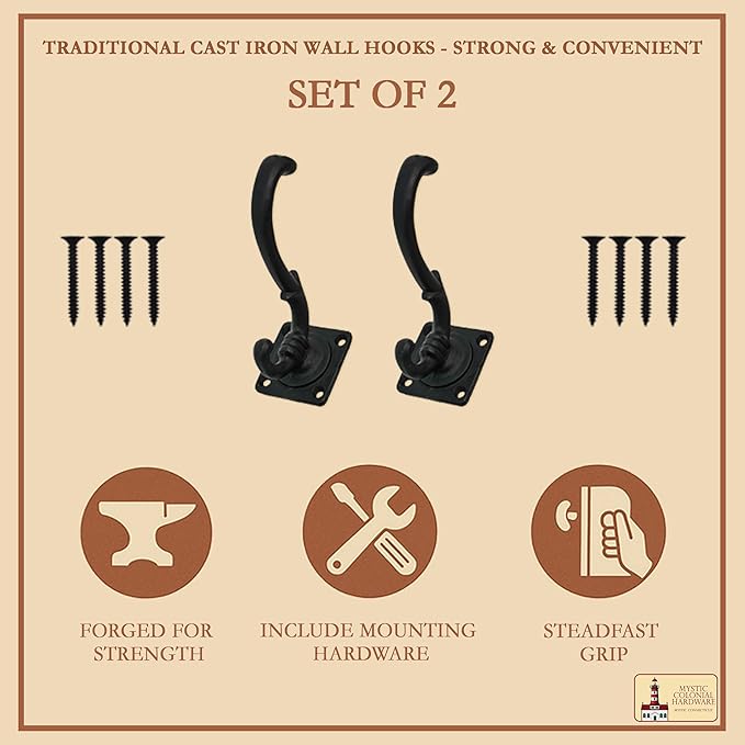 Mystic Colonial Medieval Wall Hooks Hand-Forged Black Coated | Rustic Heavy-Duty Hangers for Coats, Cloaks, Keys & Home Decor - Pack of 10