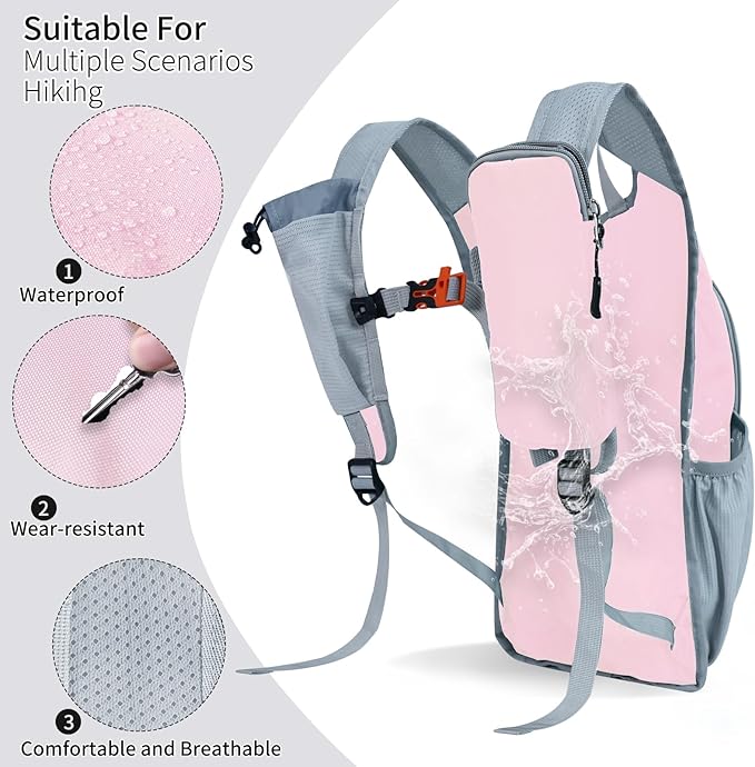 Hiking Backpack 10L/15L Small Daypack Lightweight Packable Travel Foldable Water Resistan for Women Men (Pink, 15L)