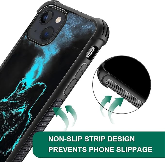 for iPhone 15 Case, Blue Breathing Wolf Pattern Graphic Design Girl Boy Soft Silicone Hard Acrylic Shock Protection for iPhone 15
