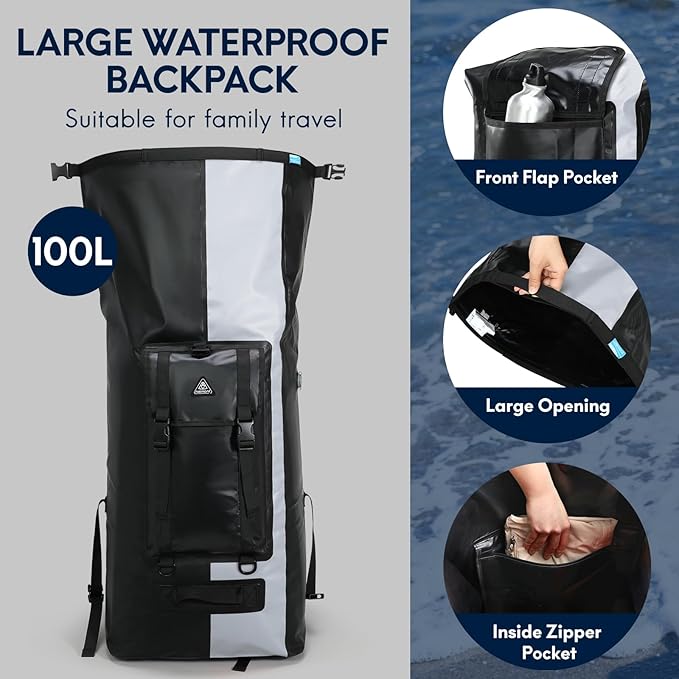 Haimont 100L Waterproof Backpack Large Roll Top Dry Backpacks Marine Dry Bags with Air Valve Travel Surfing Black/Grey