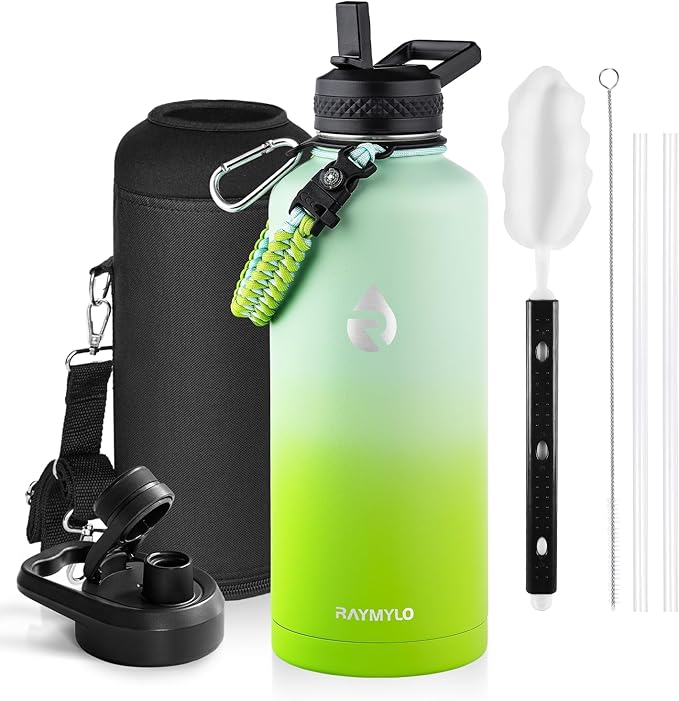 RAYMYLO Insulated Water Bottle 87 oz, Triple Wall Vacuum Stainless Steel (Cold for 48 Hrs), Leak Proof & Non-BPA, Modern Water Flask Jug with Paracord Handle & Straw Spout Lids, Ombre Green