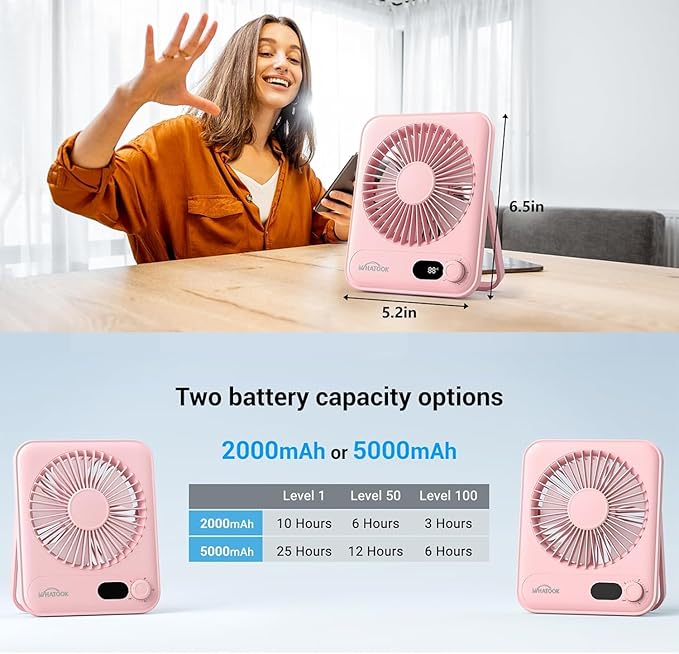 WHATOOK Small Desk Fan Personal Fans: 5000mah 25 Hours Battery Office Quiet Mini Desktop Fan Portable Rechargeable Travel Essentials (Pink, 5000 mAh)