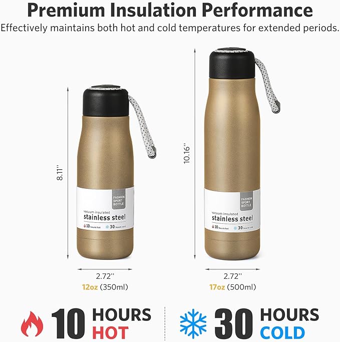 Water Bottle with Portable Lid Metal Vacuum Insulated Stainless Steel | Reusable Leak Proof Flask | 17oz, Gold