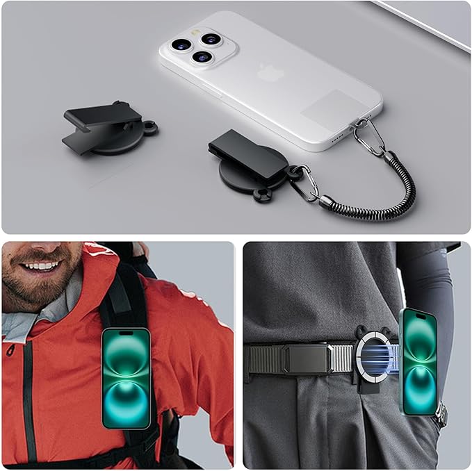 Magnetic Belt Clip for iPhone, Samsung, Google, Moto & More with Anti-Theft Chain for Hiking & Backpack Strap, Travel, Outdoor, Phone Holder Compatible with MagSafe XT