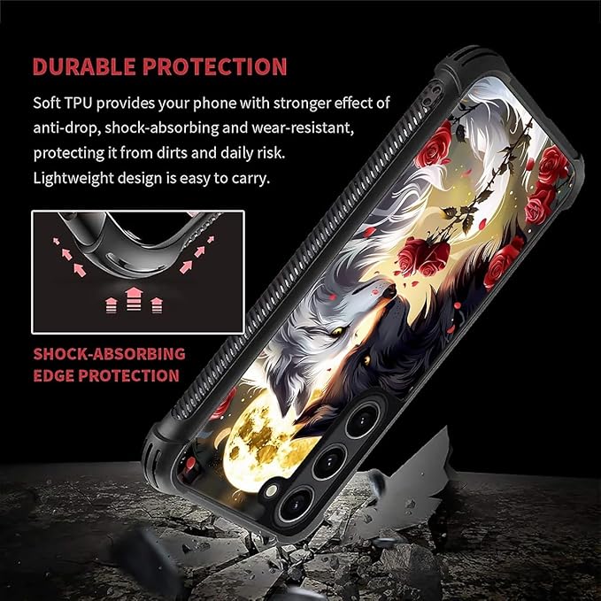 for Samsung Galaxy S23 Case, Black White Wolf Moon Flower Rose Pattern Graphic Design Girl Boy Soft Silicone Hard Acrylic Shock Protection for Samsung Galaxy S23