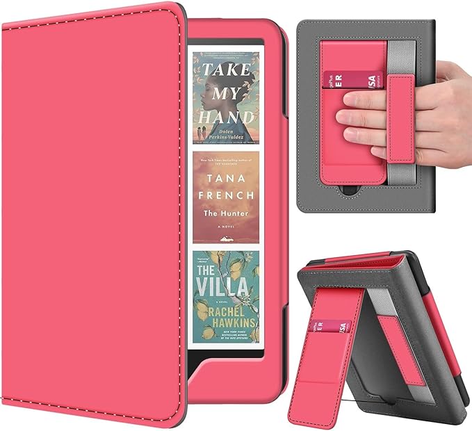 TNP Stand Case for Kindle Paperwhite 12th Generation 2024 / Kindle Colorsoft Signature Edition with Hand Strap & Card Slot - 7" PU Leather Protective Folio Cover with Auto Wake/Sleep, Light Pink
