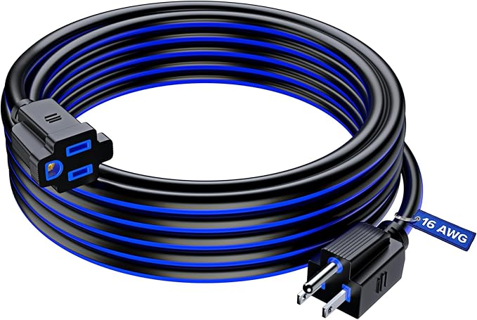 Maximm 25 Ft Black and Blue Extension Cord, Heavy Duty 3-Prong Outdoor Power Cable, ETL Listed for Contractors