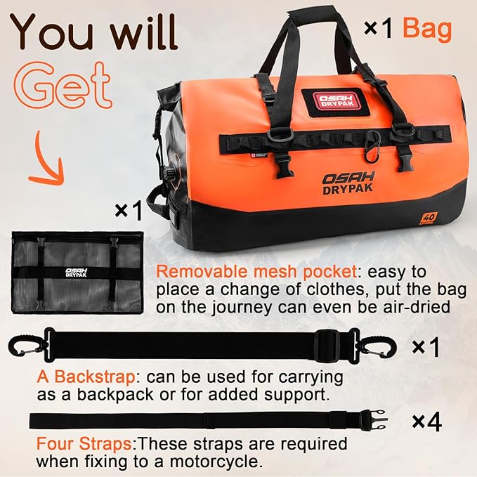 OSAH DRYPAK Waterproof Duffel Bag 25L/40L/60L – Heavy-Duty Motorcycle Tail Bag, Roll-Top Dry Bag for Travel, Camping, Boating, Kayaking, Outdoor Adventure