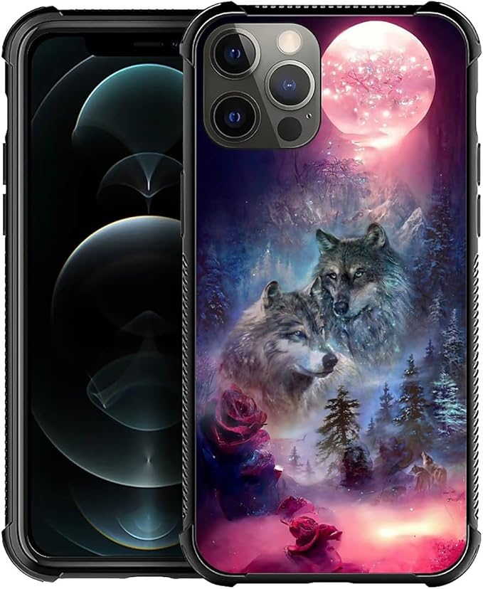 for iPhone 11 Pro Case, Star Two Wolfs Howling Pattern Graphic Design Girl Boy Soft Silicone Hard Acrylic Shock Protection for iPhone 11 Pro