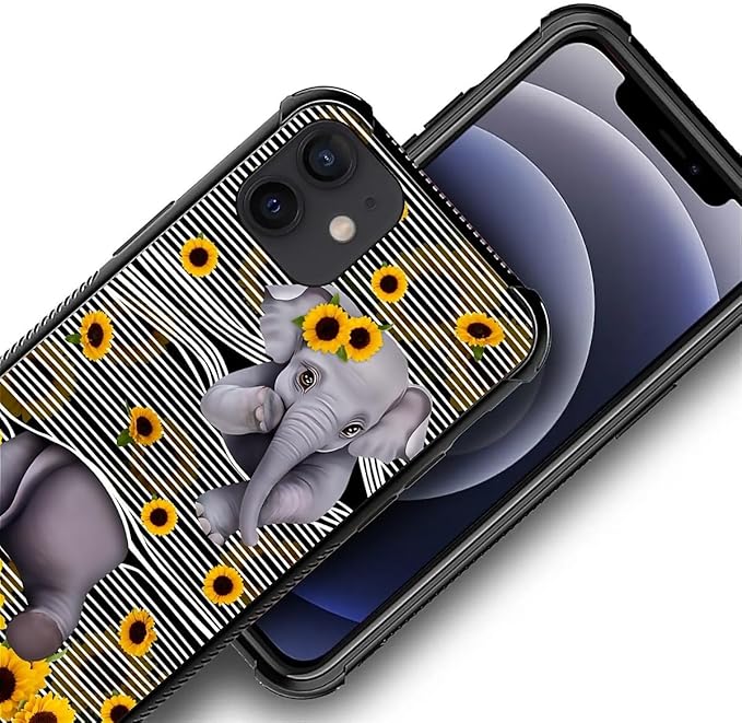 for iPhone 11 Case, Cute Little Elephant Sunflower White Line Art Pattern Graphic Design Girl Boy Soft Silicone Hard Acrylic Shock Protection for iPhone 11