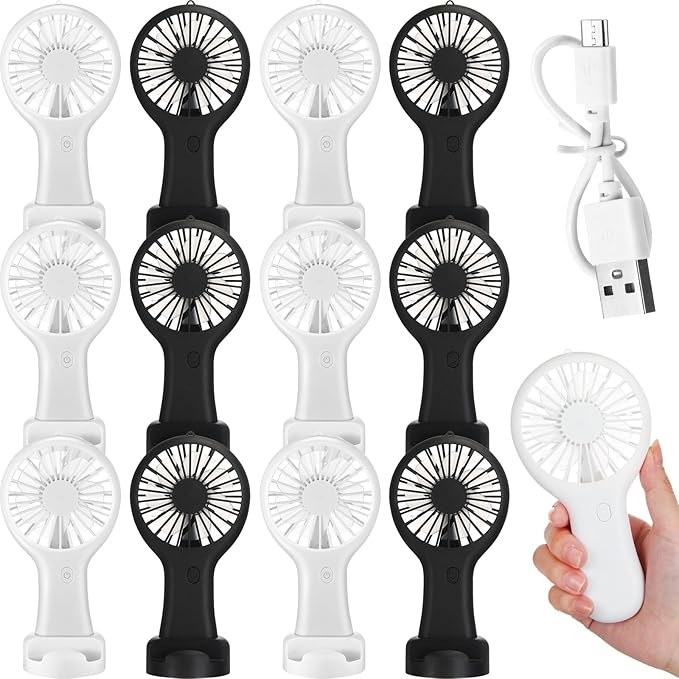 Woanger 12 Pcs Mini Handheld Fan Bulk 3 Speed USB Electric Battery Operated Small Portable Pocket Fan with Data Cable and Mounting Base Quiet Summer Gift for Wedding Camping Travel(Black and White)