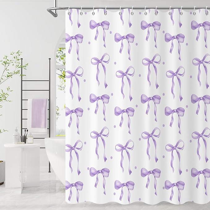 Purple Bow Shower Curtain, Lavender Modern Aesthetic Bowknot with Polka Dot Cute Girly Bathroom Curtain Waterproof Fabric Machine Washable with Hooks, 72" Wx78 L