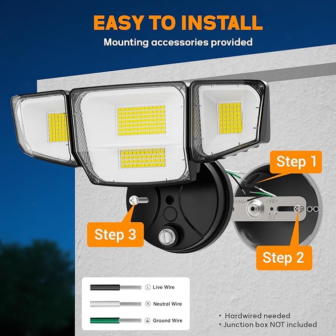 Abovizo 90W Flood Lights Outdoor, 10000LM Dusk to Dawn Outdoor Lighting, IP65 Waterproof, 6500K Daylight, 4 Heads LED Security Light for Garage, Yard, Porch (Black)