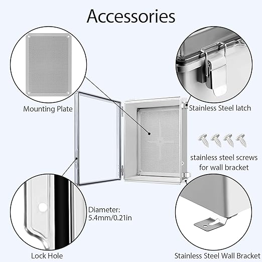 LeMotech Electrical Box, IP67 Waterproof Hinged Clear Cover Stainless Steel Latch Junction Box, ABS Plastic Electrical Enclosure with Mounting Plate,Wall Brackets, Cable Glands,15.7"x11.8"x7.0",Grey