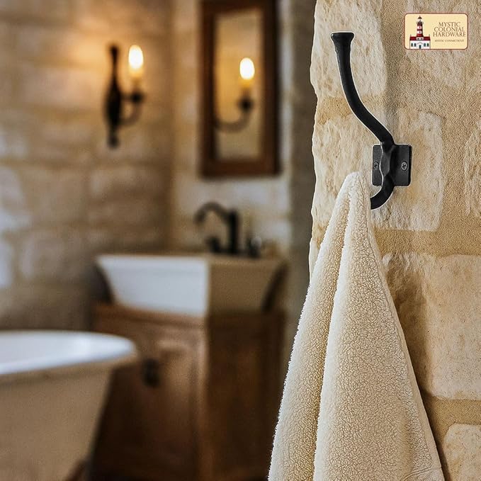 Mystic Colonial Medieval Rustic Cast Iron Wall Hooks (Set of 2) | (4 in x 3 in) Vintage Black Coated Double Coat & Hat Hook Hangers | Heavy-Duty Farmhouse, Gothic & Modern Decor
