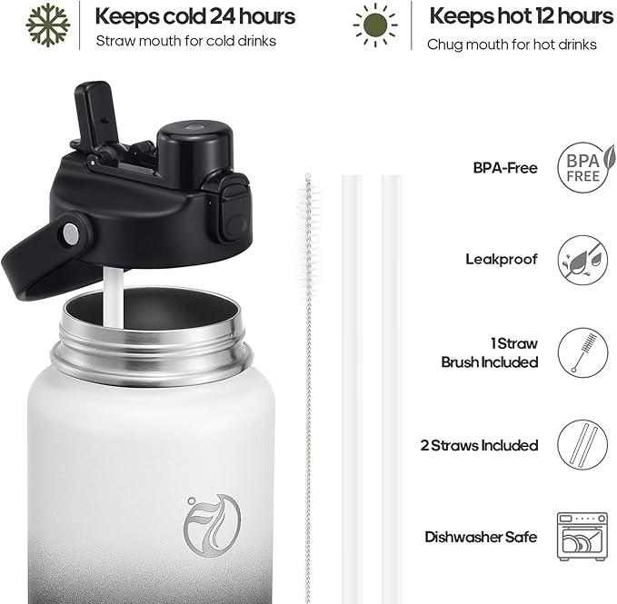 64oz Half Gallon Insulated Water Bottle with 2-in-1 Lid (Chug & Straw), Double Walled Vacuum Stainless Steel Water Bottles, Wide Mouth Leakproof Insulated Jug with Straw