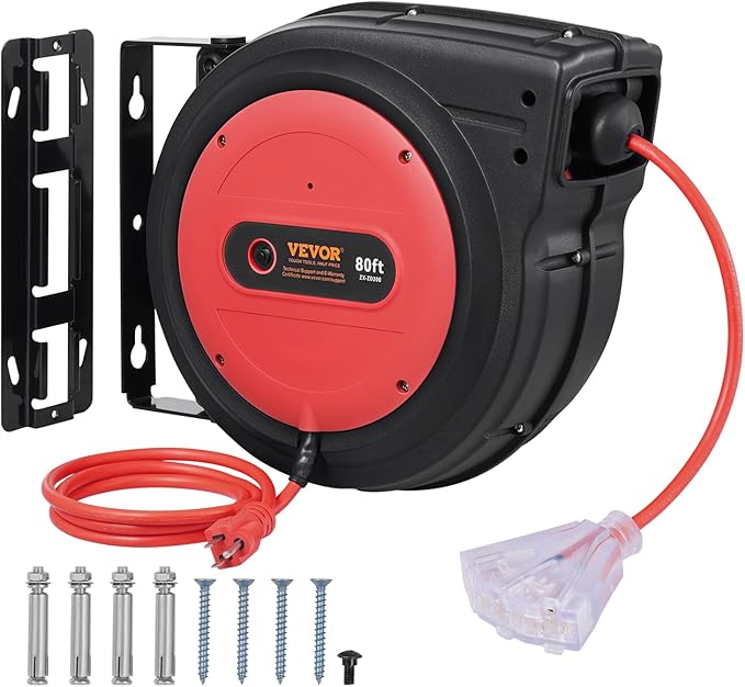 VEVOR 80FT Retractable Extension Cord Reel, 12AWG/3C SJTOW Heavy Duty Power Cord w/Lighted Electrical Triple Tap Outlets, 15A Circuit Breaker,180° Swivel Bracket for Workshop or Garage, Red
