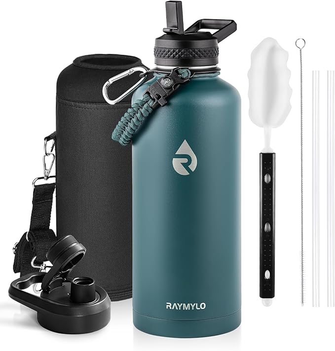 RAYMYLO Insulated Water Bottle 87 oz, Triple Wall Vacuum Stainless Steel (Cold for 48 Hrs), Leak Proof & Non-BPA, Modern Water Flask Jug with Paracord Handle & Straw Spout Lids, Dark Green