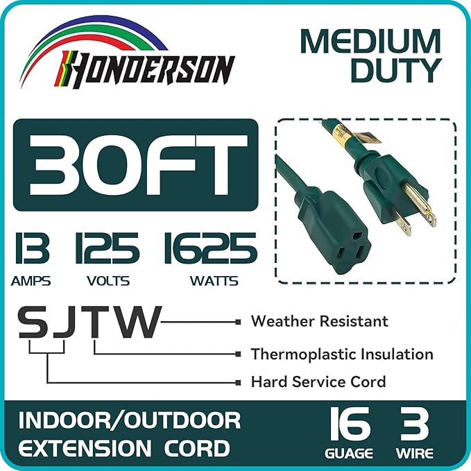 30FT Outdoor Extension Cord-16/3 SJTW Durable Green Extension Cable with 3 Prong Grounded Plug for Safety,Great for Outside Christmas Decorations