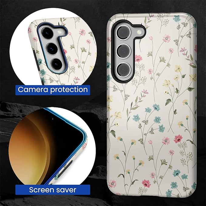 for Samsung Galaxy S23 Case,HL2 Beige Flower Branch Hybrid 2 Layer Hard Shell Silicone Protective Pattern Design Case