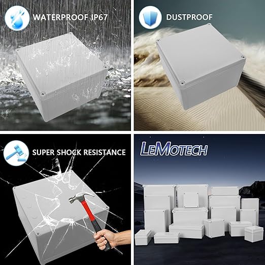 LeMotech Waterproof Dustproof IP67 Junction Box DIY Case Enclosure Gray 7.9 x 7.9 x 5.1 inch (200 x 200 x 130 mm)