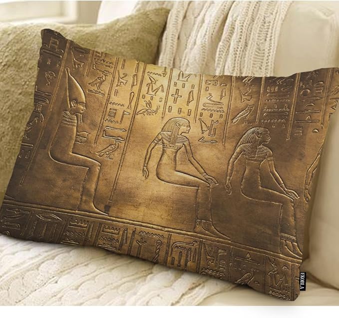 EKOBLA Egyptian Hieroglyphics Decorative Pillow Case Throw Pillow Covers Golden Art Symbol Historical Civilization Square Decorative Cushion Case for Couch Sofa Chair Bed Cotton Linen 12x20 Inch