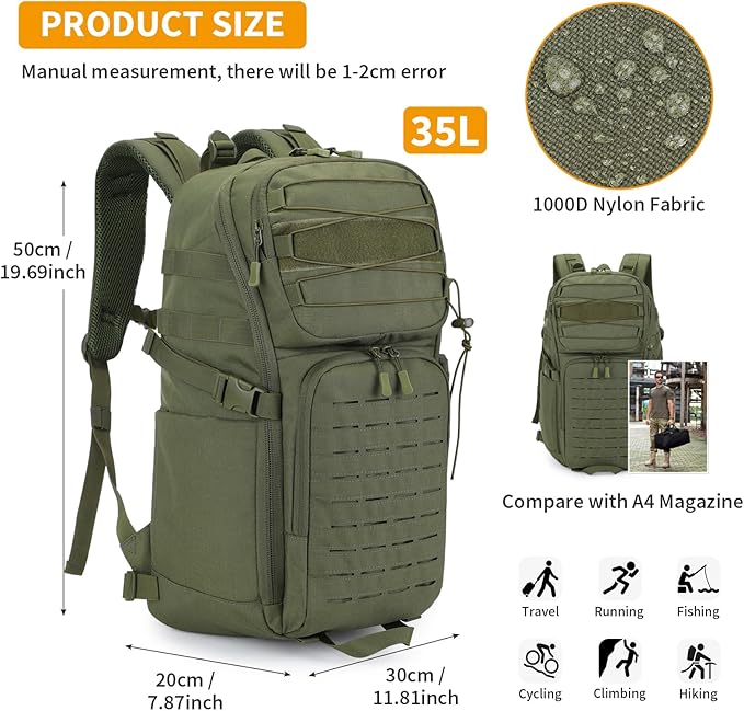 HUNTVP Tactical Backpack for Men 35L Military Backpack MOLLE 1000D Army Daypack 3 Day Bug Out Bag for Work Camping Hiking Outdoor, Army Green