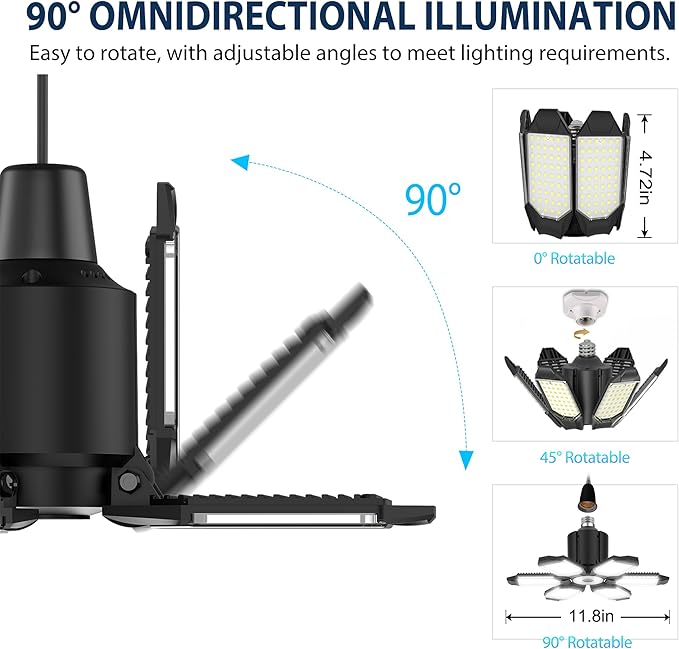 BRAINIAC LED Garage Light Bulb 150W 15000LM Deformable Garage Lights Ceiling led with 6 Adjustable Panels, E26/E27 Screw in Shop Lights for Basement Barn Porch