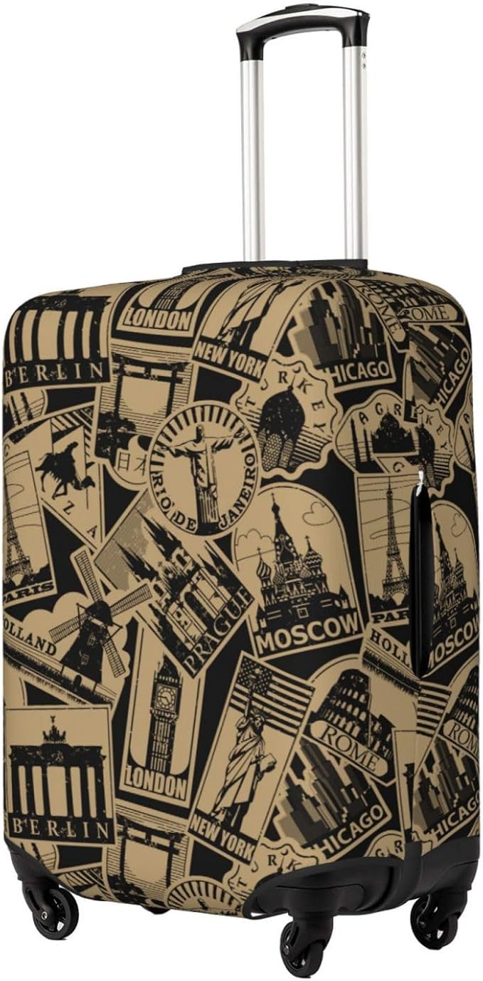 Travel Luggage Cover with World Famous Landmarks Print, Suitcase Protector For Travel (Fits 22-24 Inch Luggage)