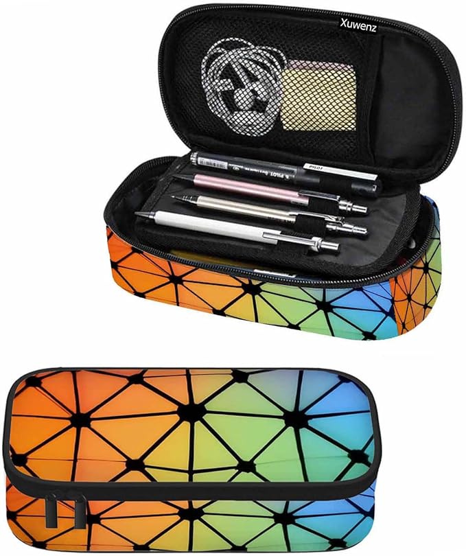 Abstract Lines Pencil Case Organizer Geometric Triangles Fluorescent Neon Stationery Box Makeup Box School Supply for Boy Girl Men Women
