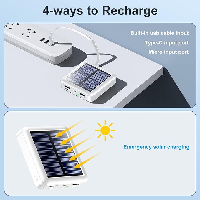 Solar Portable Charger 12000mAh, Small Solar Power Bank, USB C Input/Output External Battery with Built-in 4 Cables, Two-Hand Flashlight, Suitable for iPhone, Tablet Computers and Samsung
