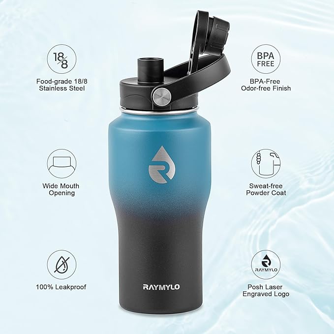 RAYMYLO 18 oz Insulated Water Bottle with Straw fit in Car Cup Holder, Triple Wall Vacuum Stainless Steel(Cold 48 hrs, Hot 24 hrs), Leakproof & Non-BPA, Hydro Travel Flask with Straw and Spout Lid