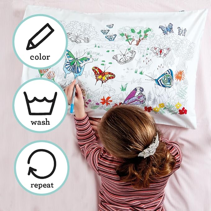 eatsleepdoodle - Coloring Pillowcase for Kids – Reusable DIY Pillow Cover with Washable Markers, Educational Arts & Crafts Activity for Boys & Girls, Fun Gift for Creative Play, Machine Washable