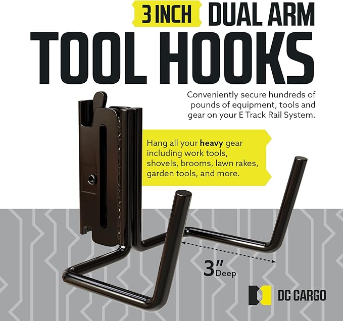 DC Cargo Mall Dual Arm Tool Hook Hanger E Track Accessories 3" Deep (4 Pack) - Garage Wall Mount, Truck, Enclosed Trailer, Storage ETrack System